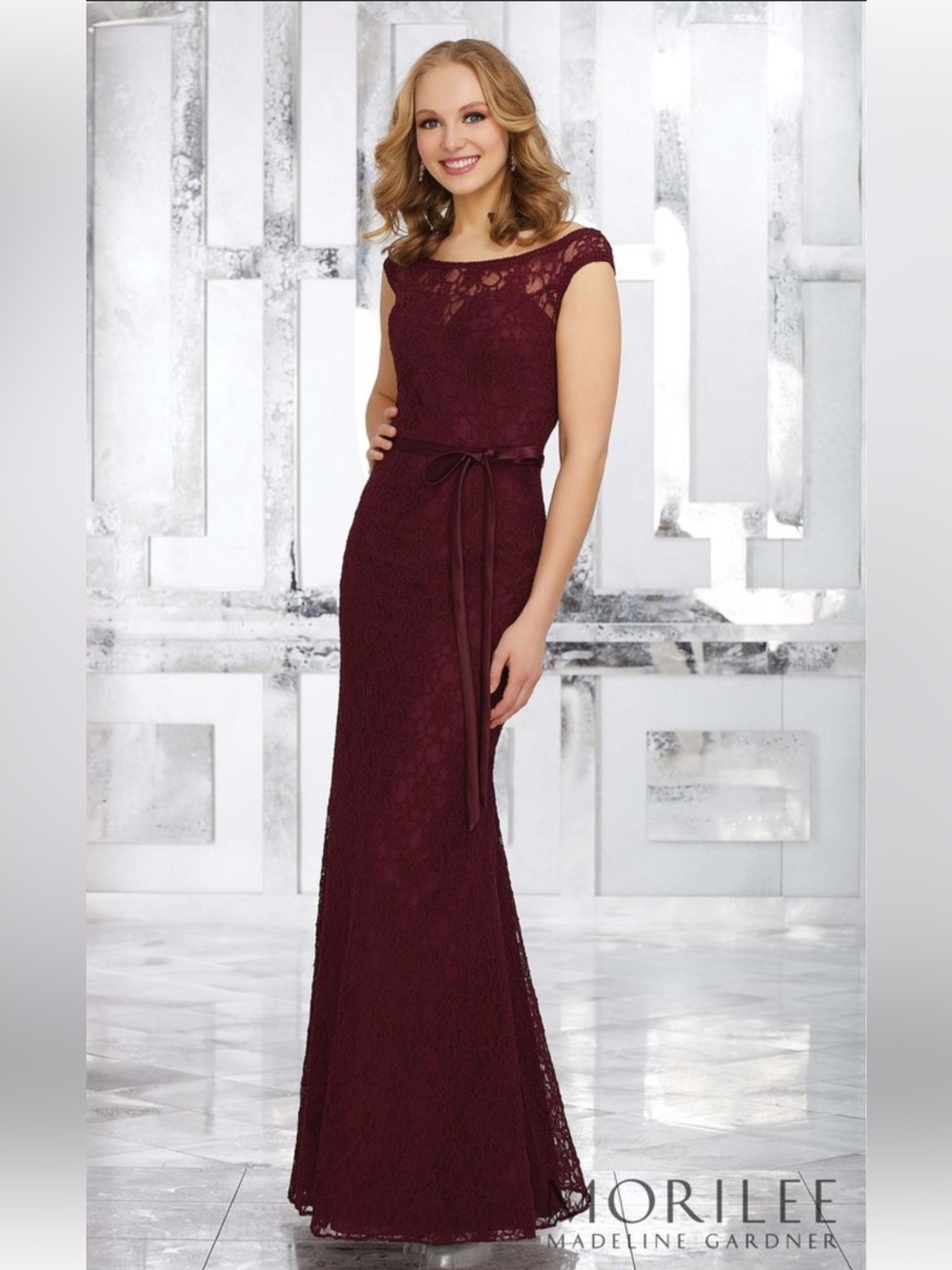 Mori Lee Madeline Gardner Women Bordeaux Lace Maxi Dress Gown 14 MOB Wedding
